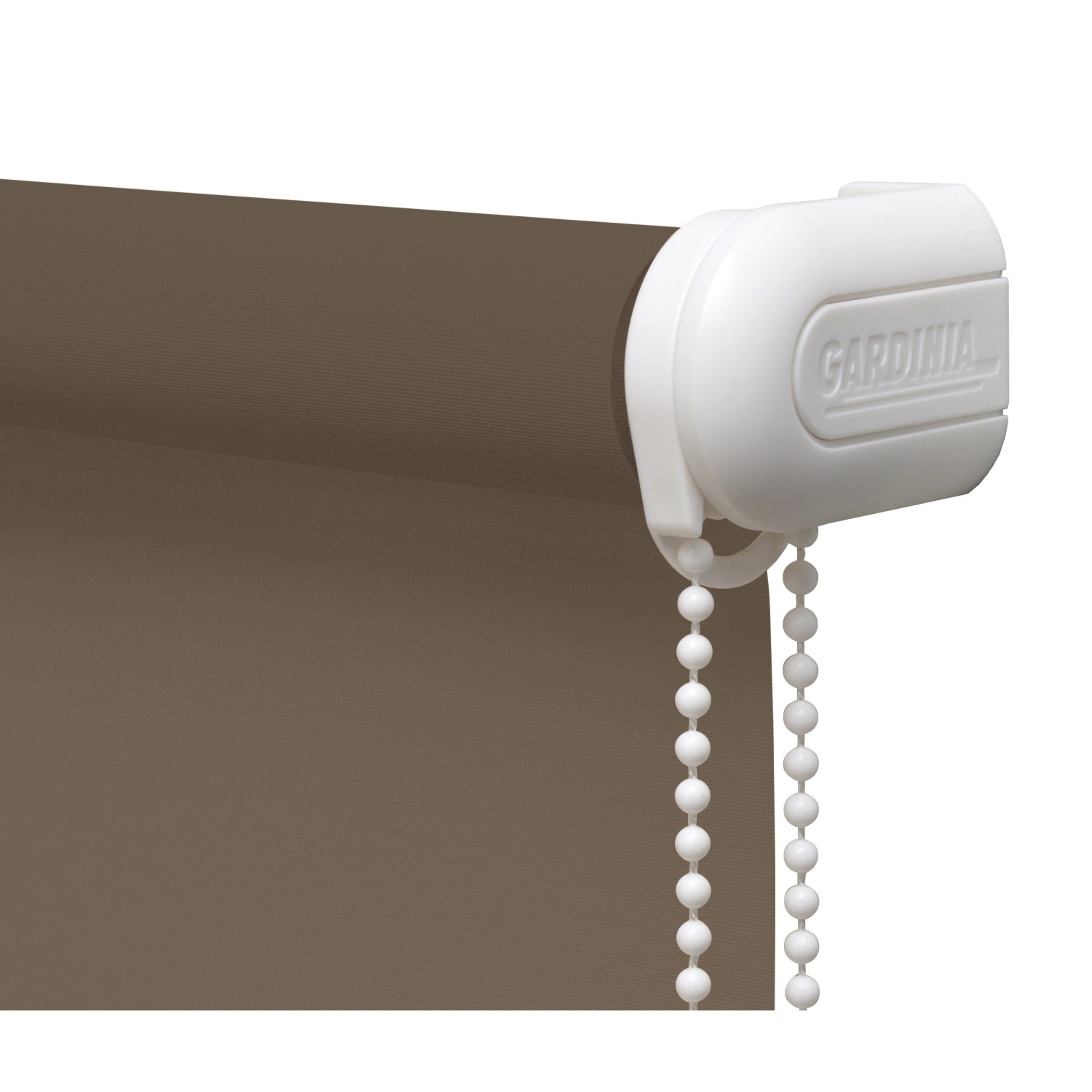 Gardinia Seitenzug-Rollo Abdunklung, 142x180 cm, Mocca. Detailansicht des Rollos mit Kettenzug.