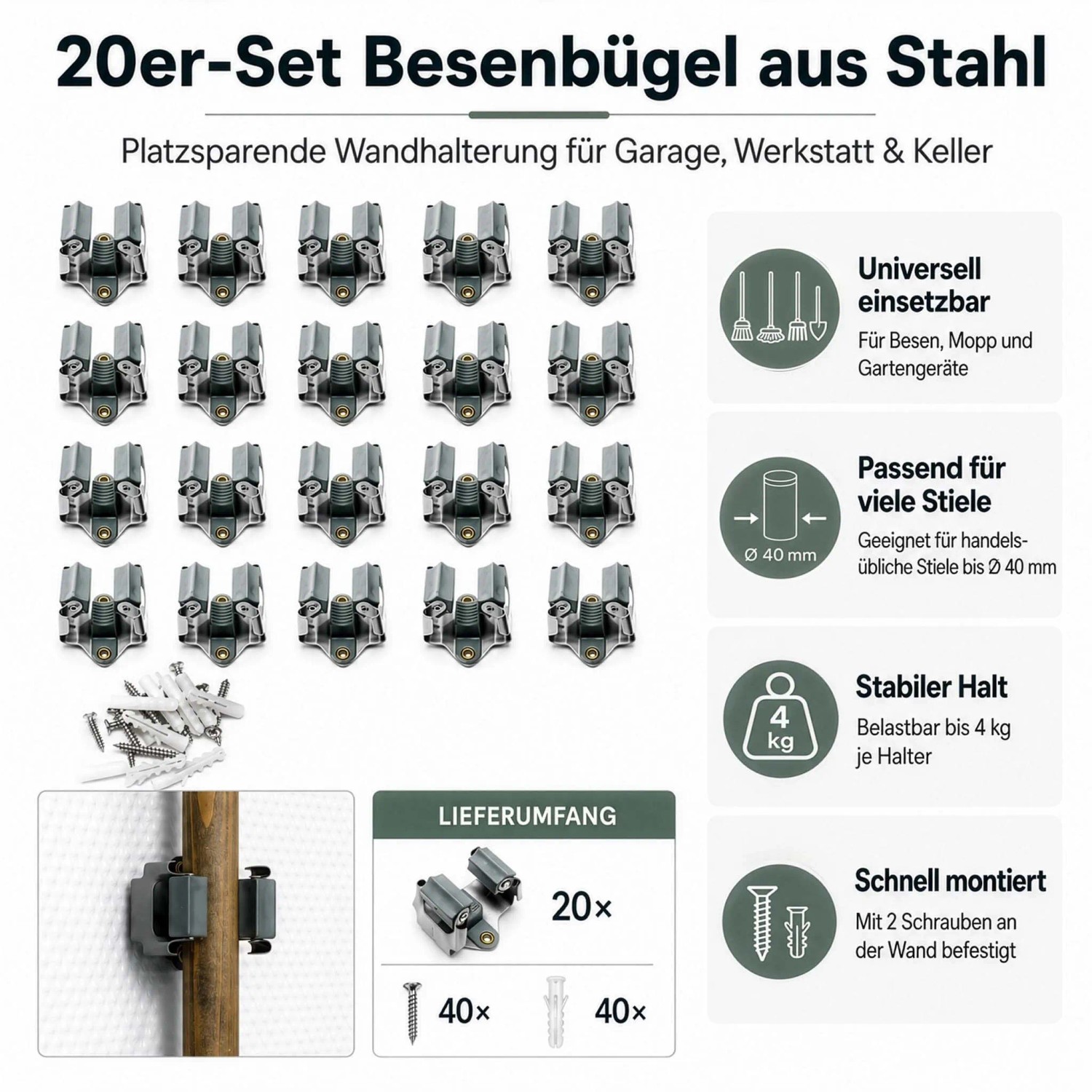 20 Wiltec Gerätehalter aus Stahl, Wandhalterung für Besen und Werkzeuge, mit Schrauben. Klemmhalter für Stiele bis 40mm, 4kg.