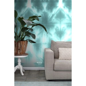 ESTAhome Fototapete mit türkisfarbenem Tie-Dye Muster, 100x279 cm. Wandgestaltung mit Boho-Stil.