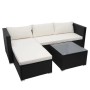 Schwarze Poly-Rattan Gartenmöbel-Garnitur F57 mit L-Sofa, cremefarbenen Kissen und Glastisch.