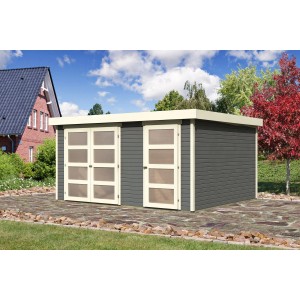 Terragraues Karibu Gartenhaus Mühlentrup mit Doppeltür und Einzeltür, lackiertes Holz.