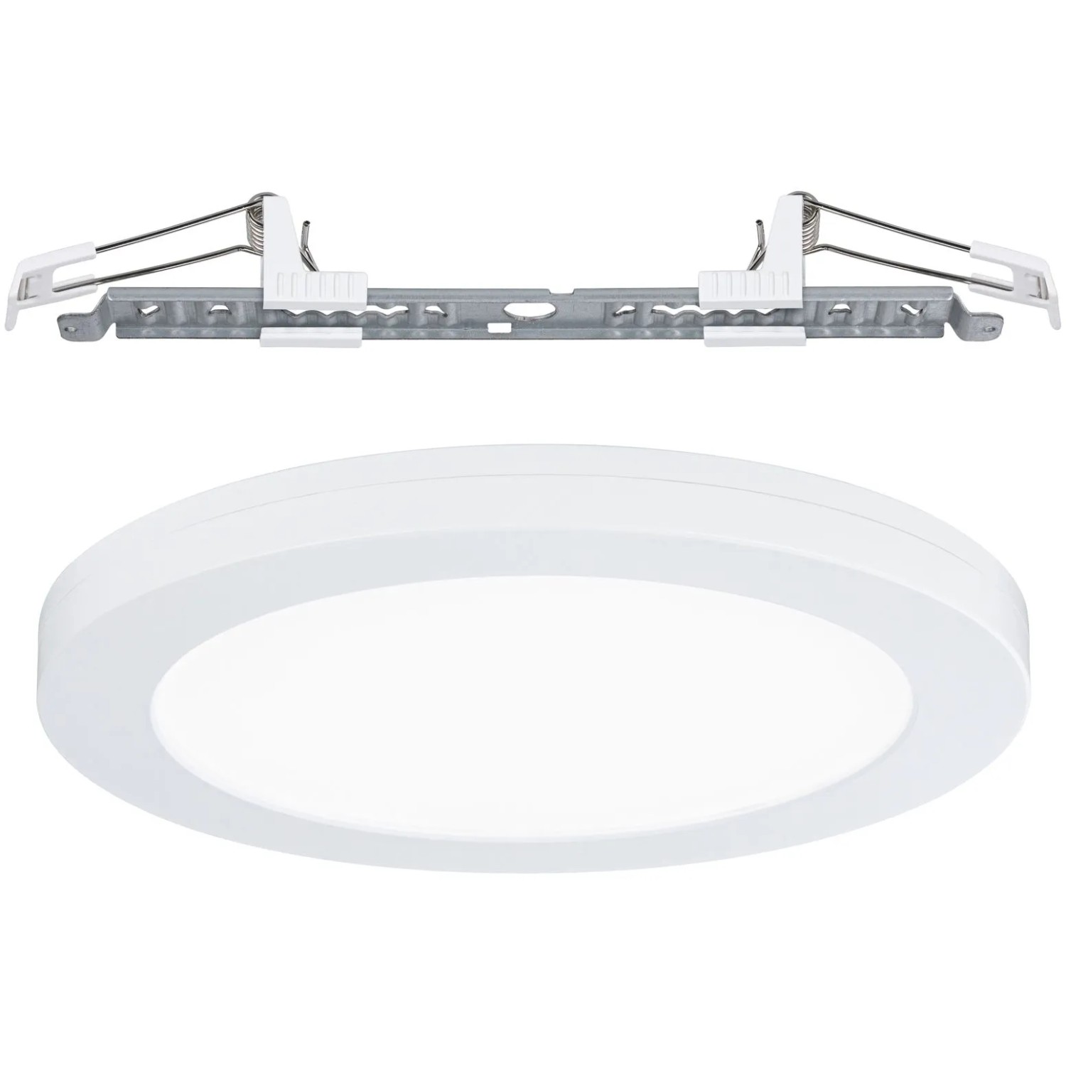 Weißes, rundes Paulmann LED Einbaupanel Cover-it mit Sensor und Montagezubehör.