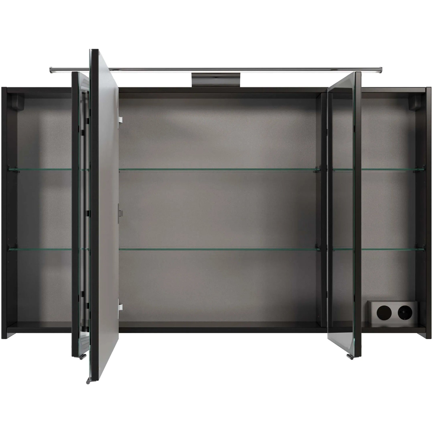 Pelipal Spiegelschrank Quantum 05, anthrazit, 120 cm breit, mit drei Türen, Glasböden und Aufsatzleuchte.