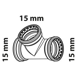 Kirchhoff T-Stück, blank, 15 mm, 3 Muffen für Kupferrohr-Installation.