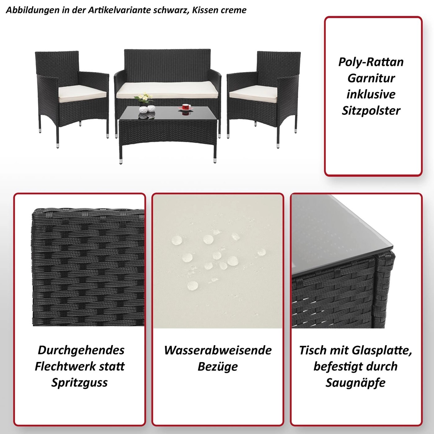 Schwarze 4-teilige Poly-Rattan Lounge-Garnitur mit creme-farbenen Kissen und Glas-Tisch.