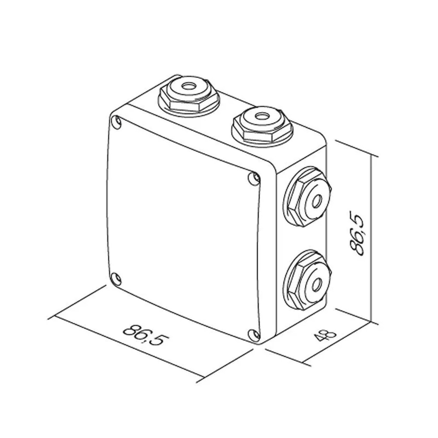 Technische Zeichnung: Grauer TEM Fontana Abzweigkasten, IP55, Aufputz, mit Einführungen. Maße: 86,5x86,5x48mm.