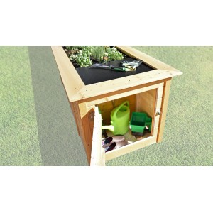 Weka Hochbeet mit Schrank aus Holz, naturbelassen, mit Gartenzubehör und Pflanzen.