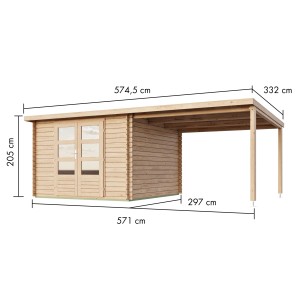 Karibu Gartenhaus Dortmund Set mit Anbaudach aus naturbelassener Fichte, Maße siehe Skizze.