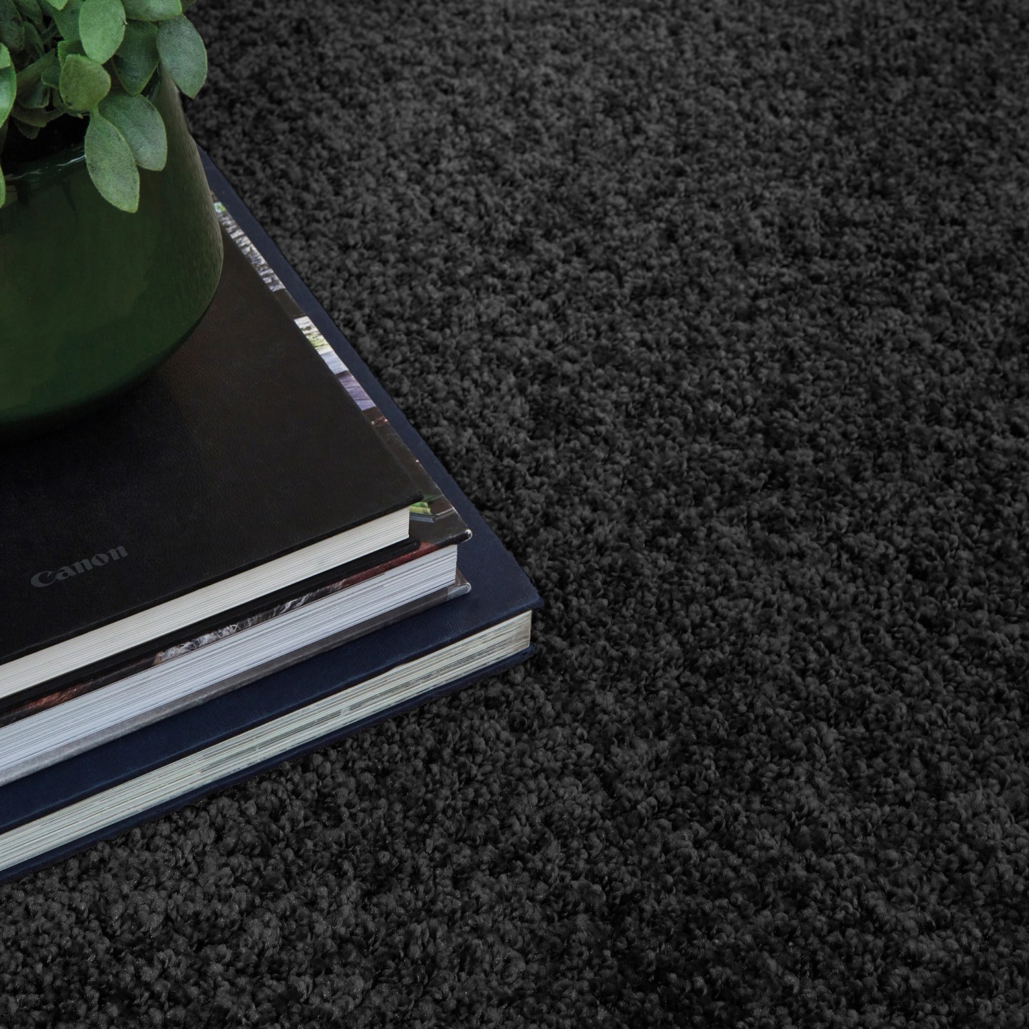 Anthrazit Kurzflor Teppich (115x170 cm) mit Büchern und Pflanze dekoriert.