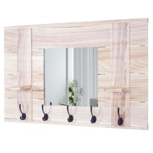 MCW Wandgarderobe C89 mit Spiegel, naturbraunes Holz, 5 Haken und 2 Ablagen im Shabby-Look.