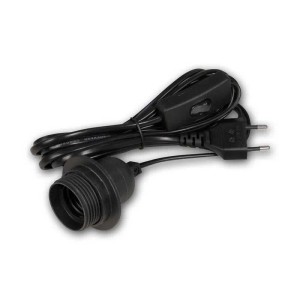Schwarzes Netzkabel mit E27 Fassung, Schnurschalter und Euro-Stecker für Lampen & Leuchten.