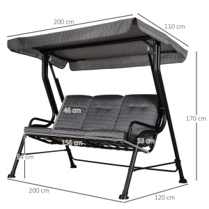 Graue Outsunny Hollywoodschaukel 3-Sitzer mit gepolsterten Sitzen, verstellbarem Sonnendach. Maße: 200x120x170 cm.