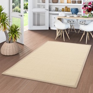 Quadratischer Sisalteppich Natura in Creme mit Bordüre, 150x150 cm. Kurzflorteppich für Wohnräume.
