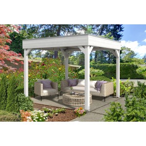 Weißer Holz-Pavillon Toulouse von Skan Holz (294x294 cm) im Garten mit Sitzgruppe.