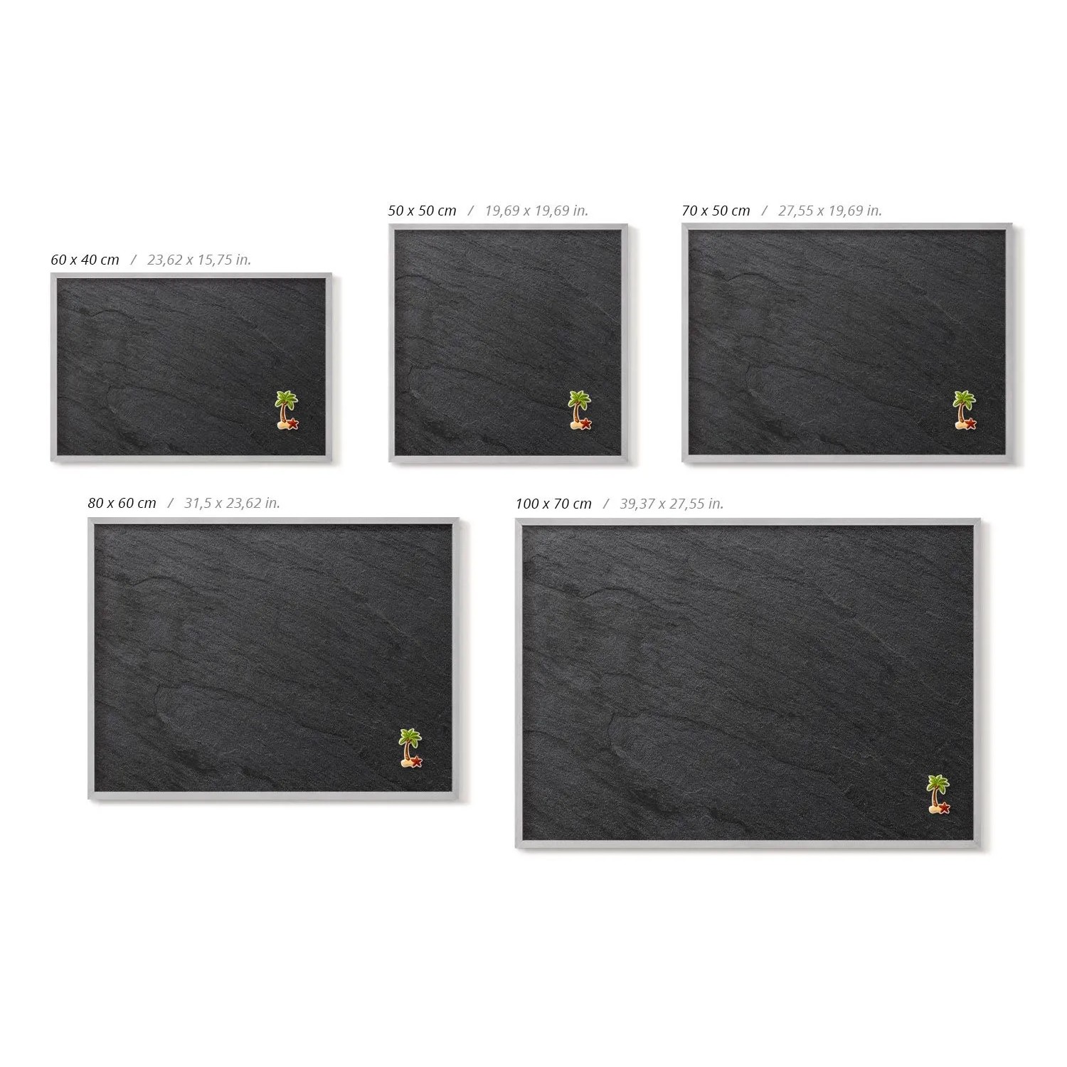 Gerahmte Tulup Magnettafel mit Steinmauerstruktur, silberner Rahmen, verschiedene Größen.