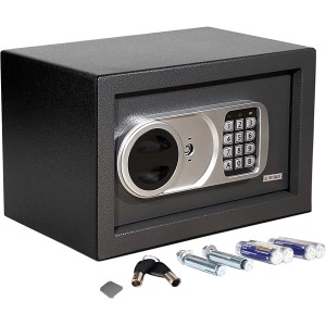 Anthrazitfarbener KARAT Tresor Safemaxx mit elektronischem Zahlenschloss und Zubehör.