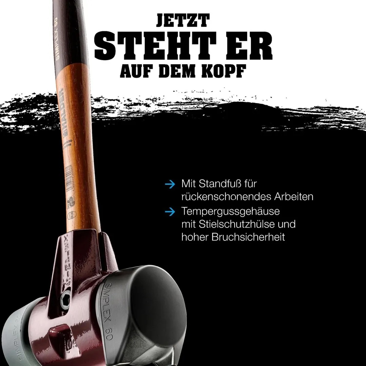 Halder Simplex Schonhammer Ø 60 mm mit Gummi-Standfuß, Nylon-Einsatz und Tempergussgehäuse, aufrecht stehend.
