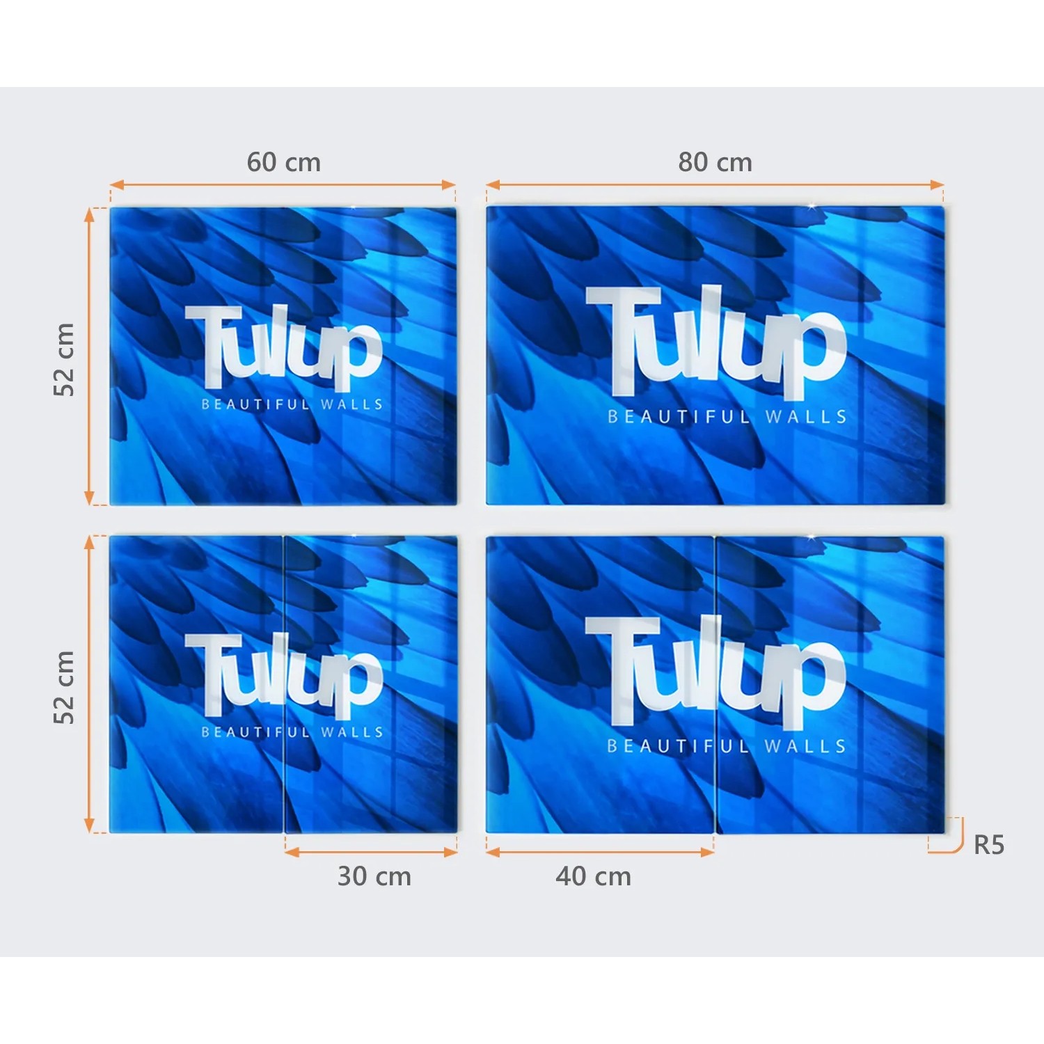Tulup Herdabdeckplatten Set, 2 Glasplatten (40x52, 30x52 cm) mit blauem Federdesign.