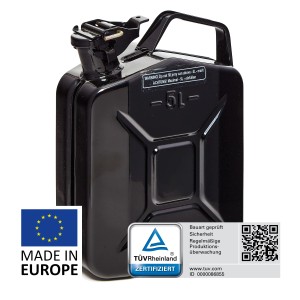 Schwarzer 5L Metall Kraftstoffkanister, TÜV-geprüft, ideal für Benzin, Diesel und E10.