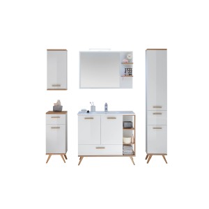 Pelipal Badmöbel-Set Quickset 923, 6-teilig, Weiß/Riviera Eiche, mit Waschtisch, Spiegel, Unter- und Hochschränken.