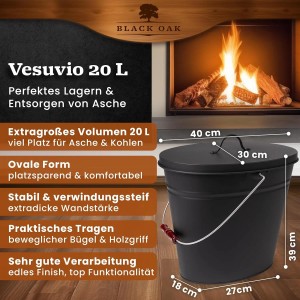 Schwarzer, ovaler Ascheeimer Vesuvio 20L mit Deckel für Kamin, Grill & Ofen.