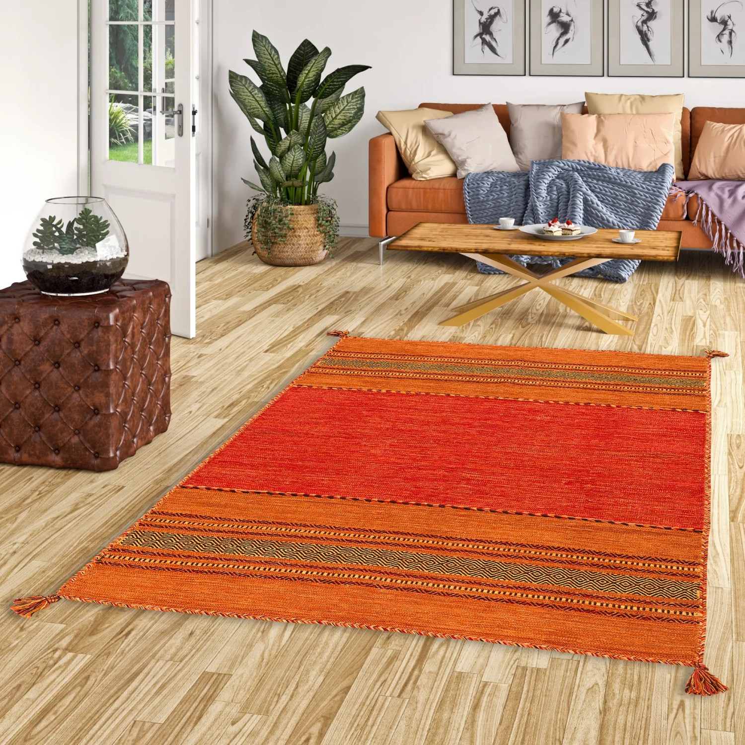 Handgewebter Kelim Teppich Navarro in Terrakotta, 70x140 cm. Naturteppich mit Fransen.