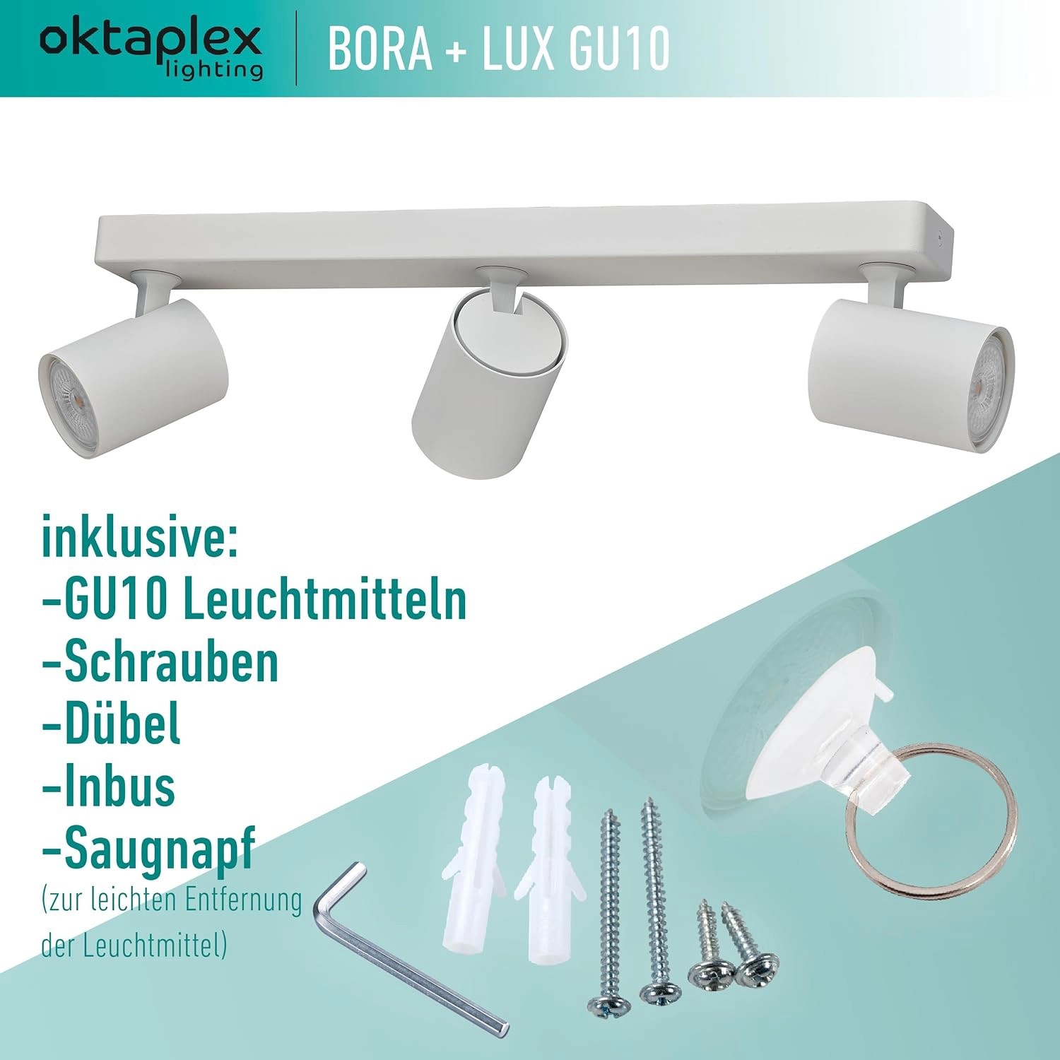 Oktaplex Bora LED Deckenleuchte, 3-flammig, weiß, dimmbar, inklusive Leuchtmittel und Zubehör.