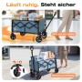 Blauer Sunula Bollerwagen, faltbar, mit Einkäufen beladen. Zeigt leichtes Rollen und sichere Feststellbremsen.
