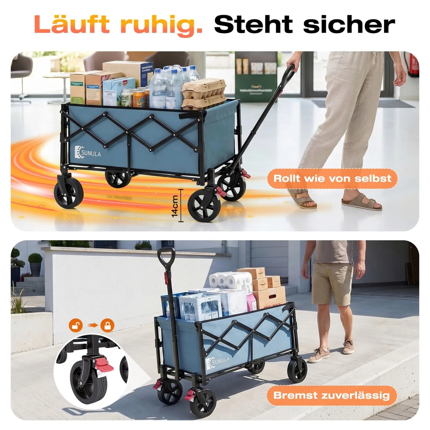 Blauer Sunula Bollerwagen, faltbar, mit Einkäufen beladen. Zeigt leichtes Rollen und sichere Feststellbremsen.