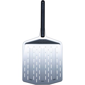Ooni Pizzaschieber 12 Zoll (30 cm) aus Aluminium mit perforierter Oberfläche und schwarzem Griff.