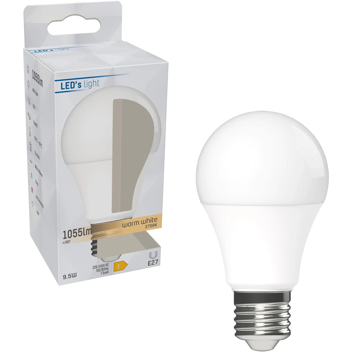 E27 LED Leuchtmittel in Glühlampenform, 9,5W, warmweiß, mit Verpackung.