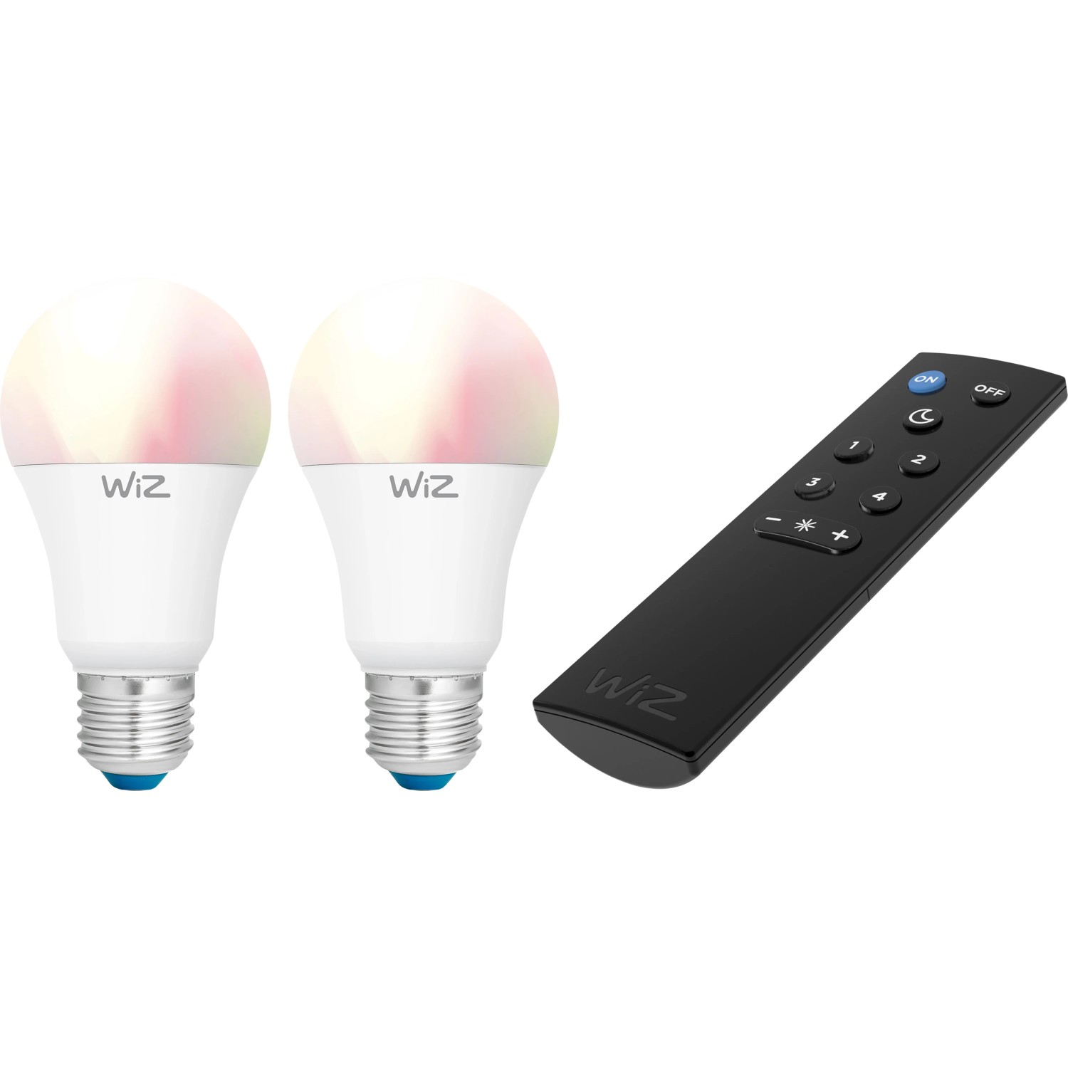 WiZ Smart Starter-Set: 2 E27 LED-Lampen mit Farbwechsel und Fernbedienung.