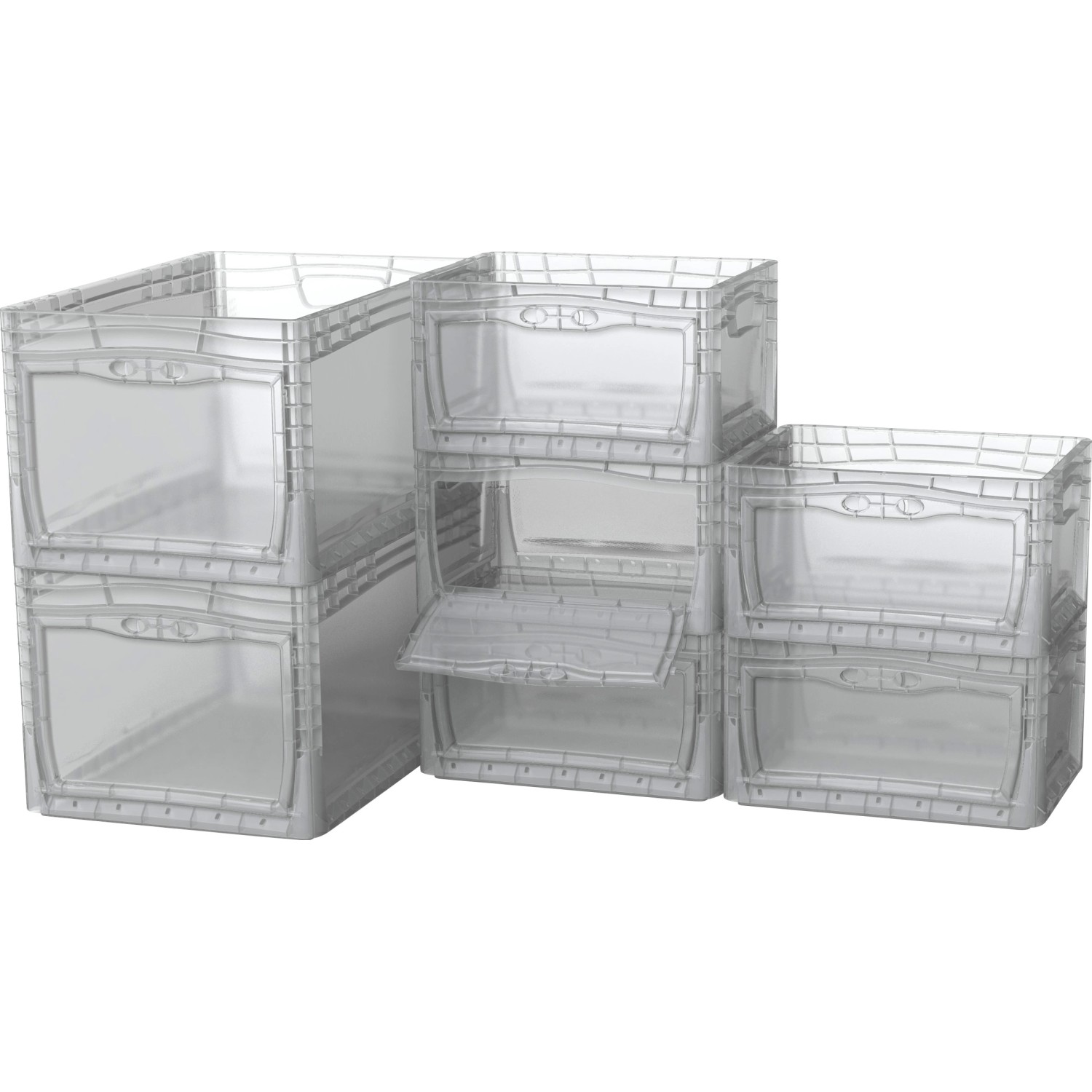 Gestapelte, transparente Eurobox-System Boxen (40x30x22 cm) mit seitlicher Entnahmeklappe.