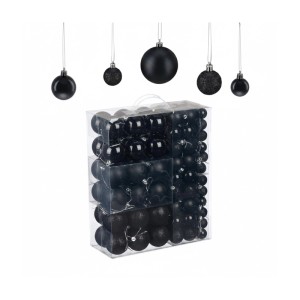 Schwarze Weihnachtskugeln im 138er Set aus bruchsicherem Kunststoff, glitzernd, matt und glänzend, in Aufbewahrungsbox.
