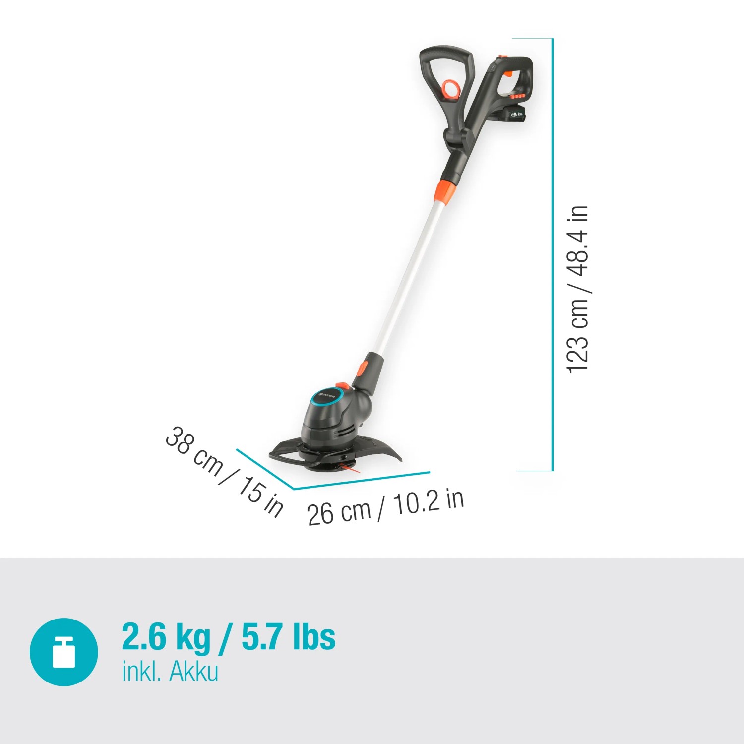 Gardena Akku-Rasentrimmer ComfortCut 23/18 mit Akku und Ladegerät, Maße dargestellt.