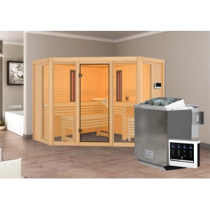 Karibu Infrarotkabine Anik mit Bio-Ofen und Infrarotstrahler, Naturholz mit Glastür.