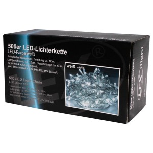 Schwarze Produktverpackung der Lex 500er LED Lichterkette mit weißem Licht und transparentem Kabel für außen & innen.