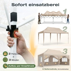 Sekey Faltpavillon 3x6 m in Taupe. Detail des One-Touch-Aufbaus, Montage durch 2 Personen, fertiger Pavillon mit Seitenteilen.