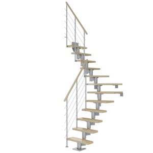 Dolle Mittelholmtreppe Dublin, Ahorn/Perlgrau, 1/4 gewendelt, mit Edelstahlgeländer.