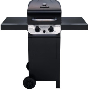 Schwarzer Char-Broil Gasgrill Convective 210 B mit zwei Ablagetischen und Deckelthermometer.