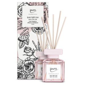 Ipuro Raumduft Light Rose 50ml mit Duftstäbchen und Verpackung mit Rosenmuster.