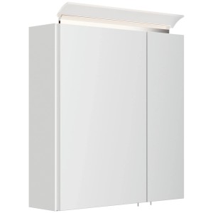 Weißer Hochglanz Spiegelschrank 60 cm mit zwei Spiegeltüren und integrierter LED-Lampe oben für das Badezimmer.