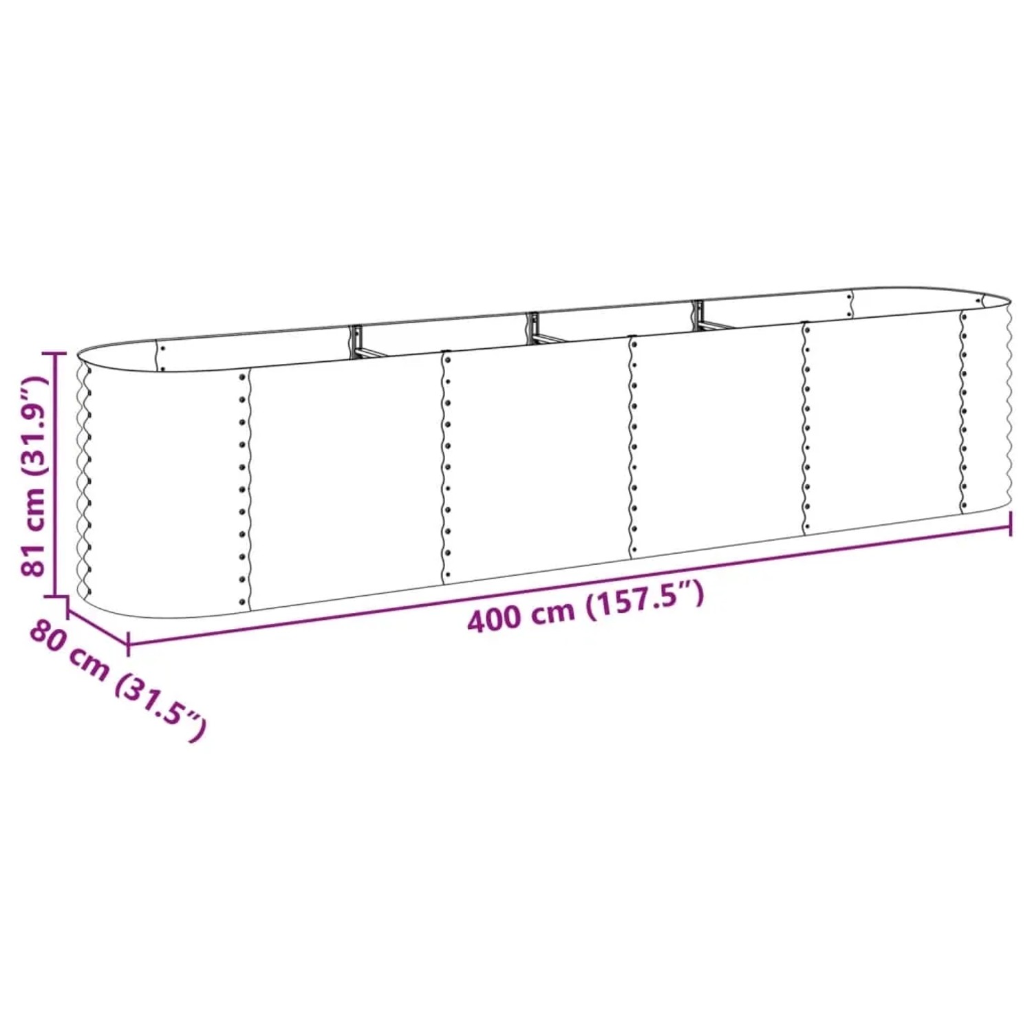 furnicato Garten-Hochbeet, 400x80x81 cm, verzinkter Stahl, grau, für Garten, Balkon oder Terrasse.