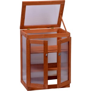 Frühbeet Schrank aus Kiefernholz (FSC®), mit geöffneten Türen und aufklappbarem Dach.