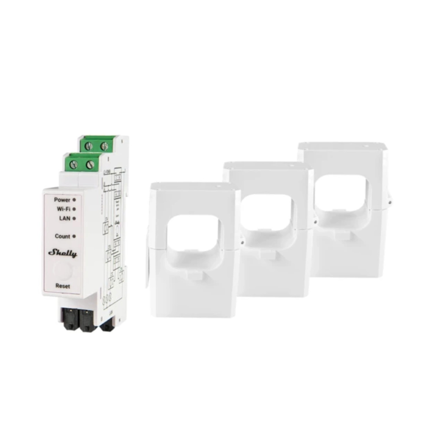 Shelly Pro 3EM: Stromverbrauchsmessgerät (400A) in Weiß mit drei Stromwandlern für Hausautomation.