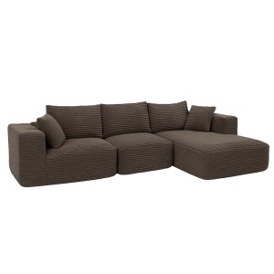 Braune MCW Sofa-Garnitur P20 mit Cord-Stoffbezug und Liegefläche rechts. Modernes Ecksofa mit Kissen.
