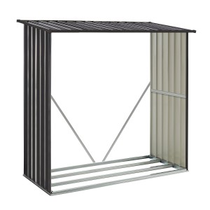 Grauer Juskys Holzunterstand Enno aus Stahl für Kaminholz, wetterfest und stabil.