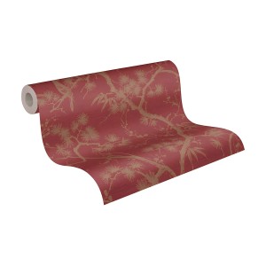 Rolle rote Vliestapete mit goldenem Asia-Muster und metallischen Akzenten.