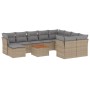 Beige vidaXL Garten-Sofagarnitur (11-tlg) aus Poly Rattan mit hellgrauen Kissen und Tisch.