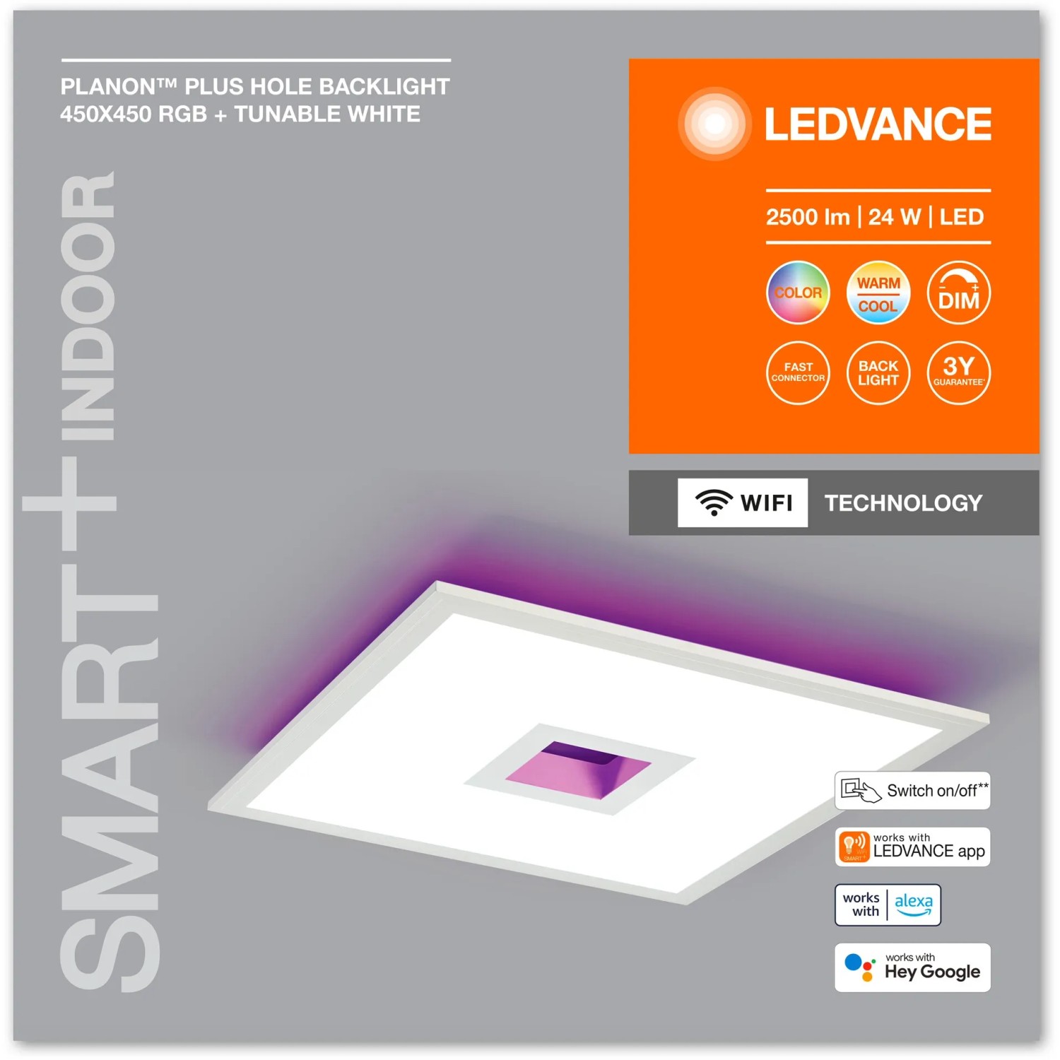 Ledvance Smart+ WiFi Panelleuchte Planon Plus, quadratisch, mit RGBTW Rücklicht. Smarte Deckenleuchte.